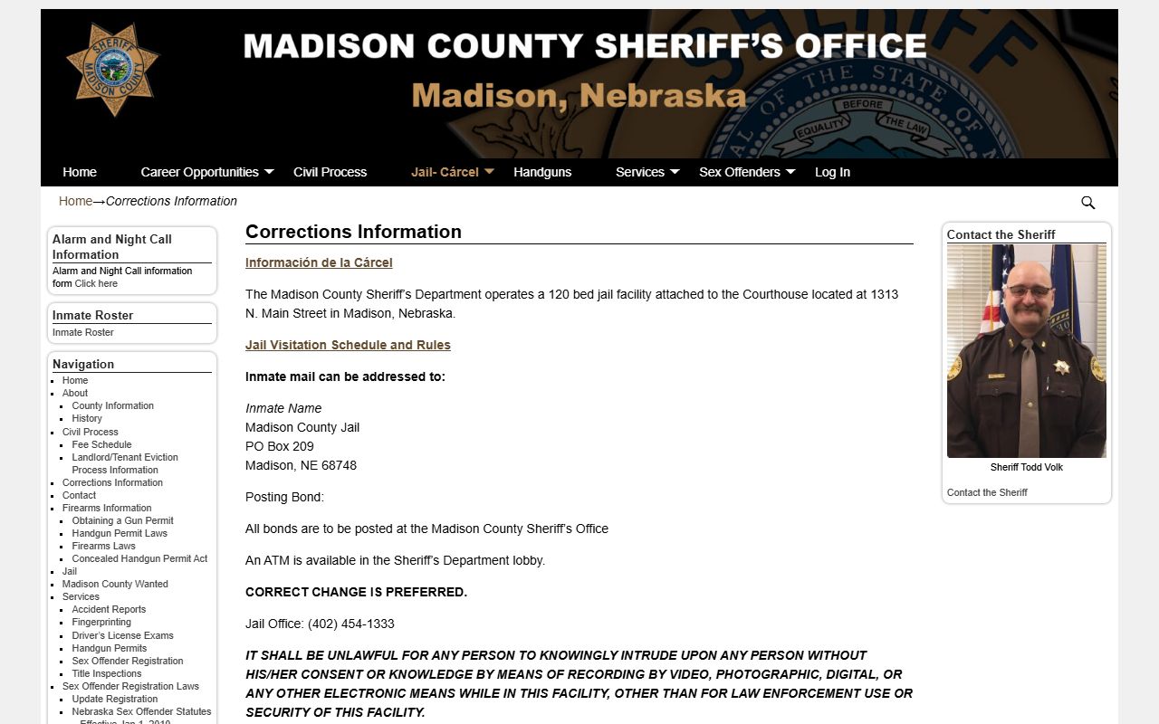 Madison County Sheriff's corrections information page for the jail