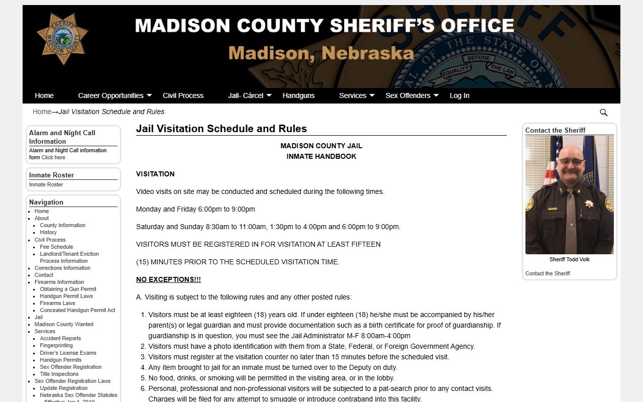 Madison County Jail visitation schedule and rules page